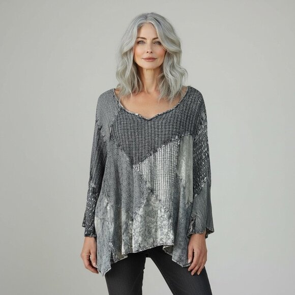 Sacred Threads Tops - Sacred Threads Patchwork Textured Top Gray Mixed Fabric Size 2X